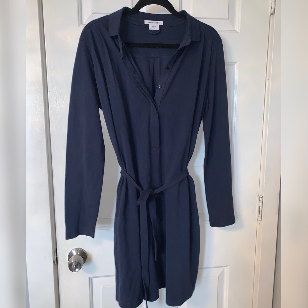 Lacoste Pique Polo Belted Shirt Dress Long Sleeve Collared Women's size 42 (L)